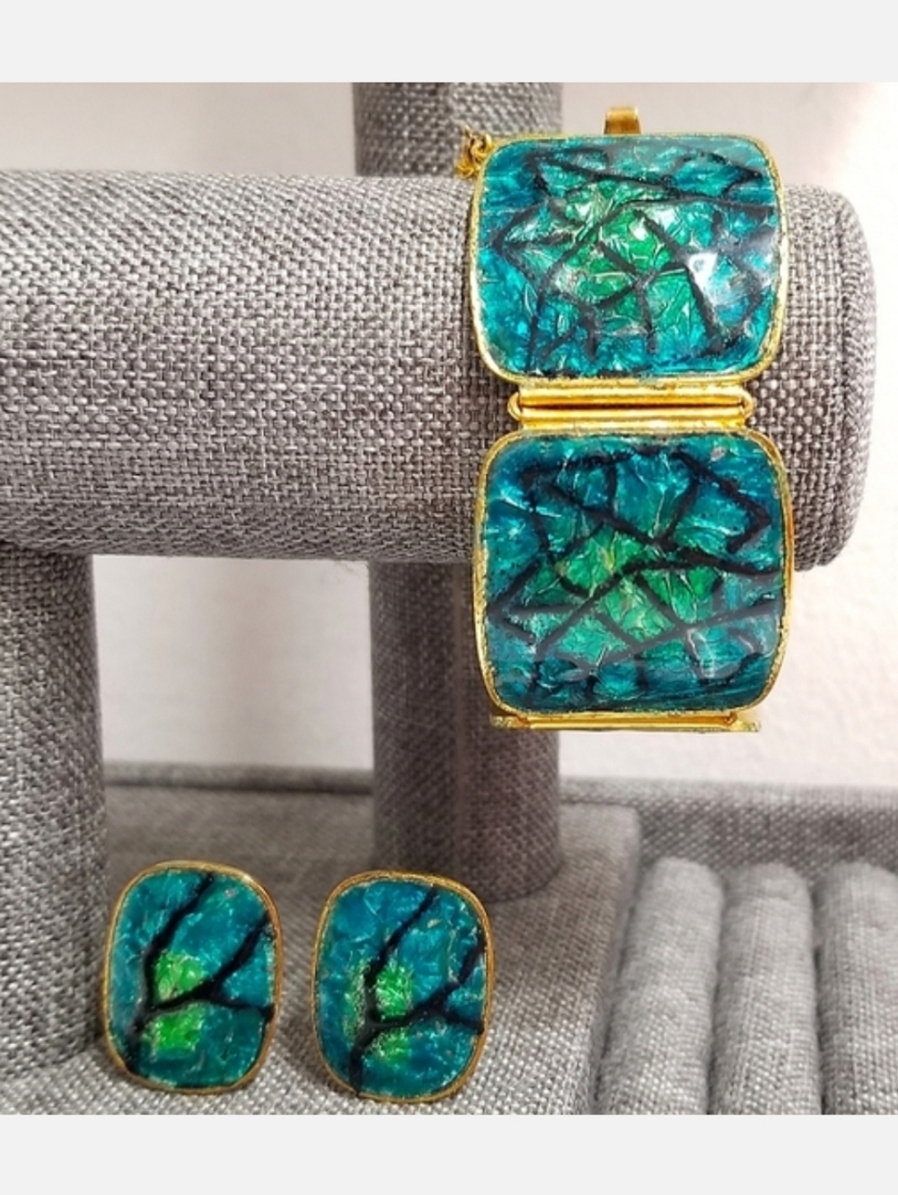 Vintage Square Bracelet & Earring Set Aqua Blue/Green Enamel BohoChic